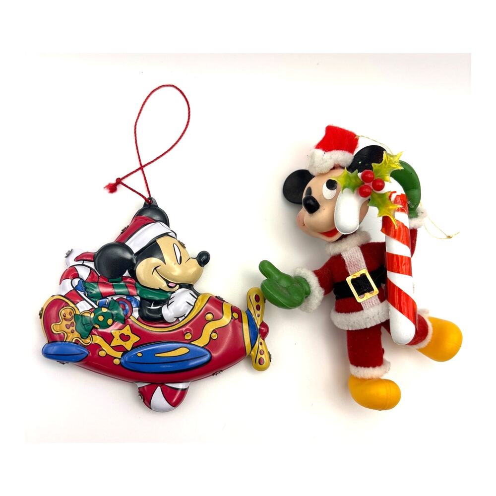 Vintage Disney Ornaments Mickey Mouse Flocked and Tin Ornament Collectible
